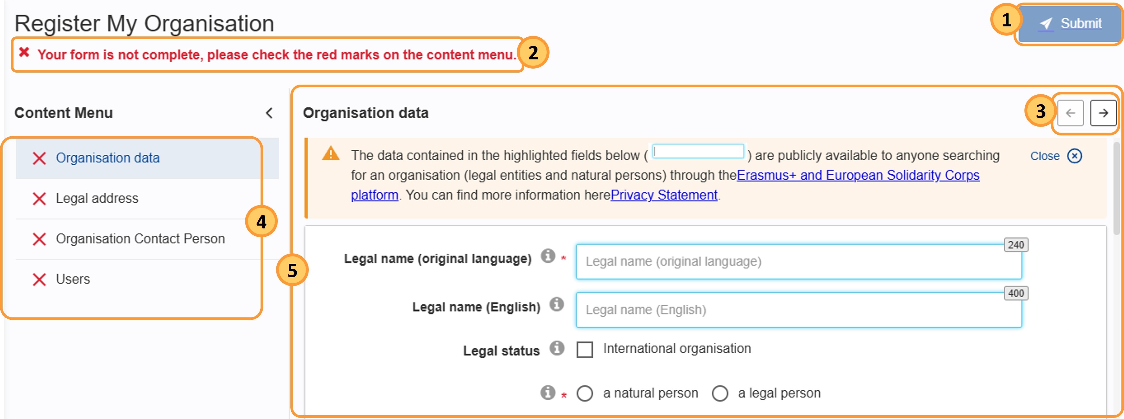 Register my Organisation screen
