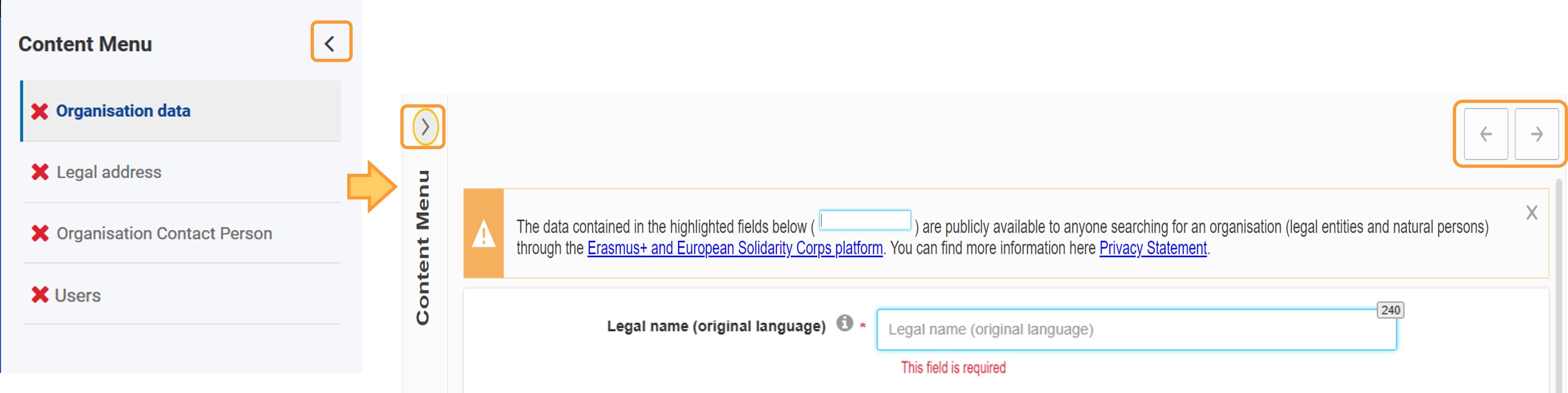Select language for completing Organisation details