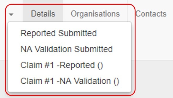 Example for project version drop-down, including NA Validation and Claims