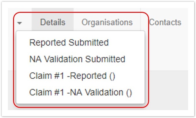 Example for project version drop-down, including NA Validation and Claims