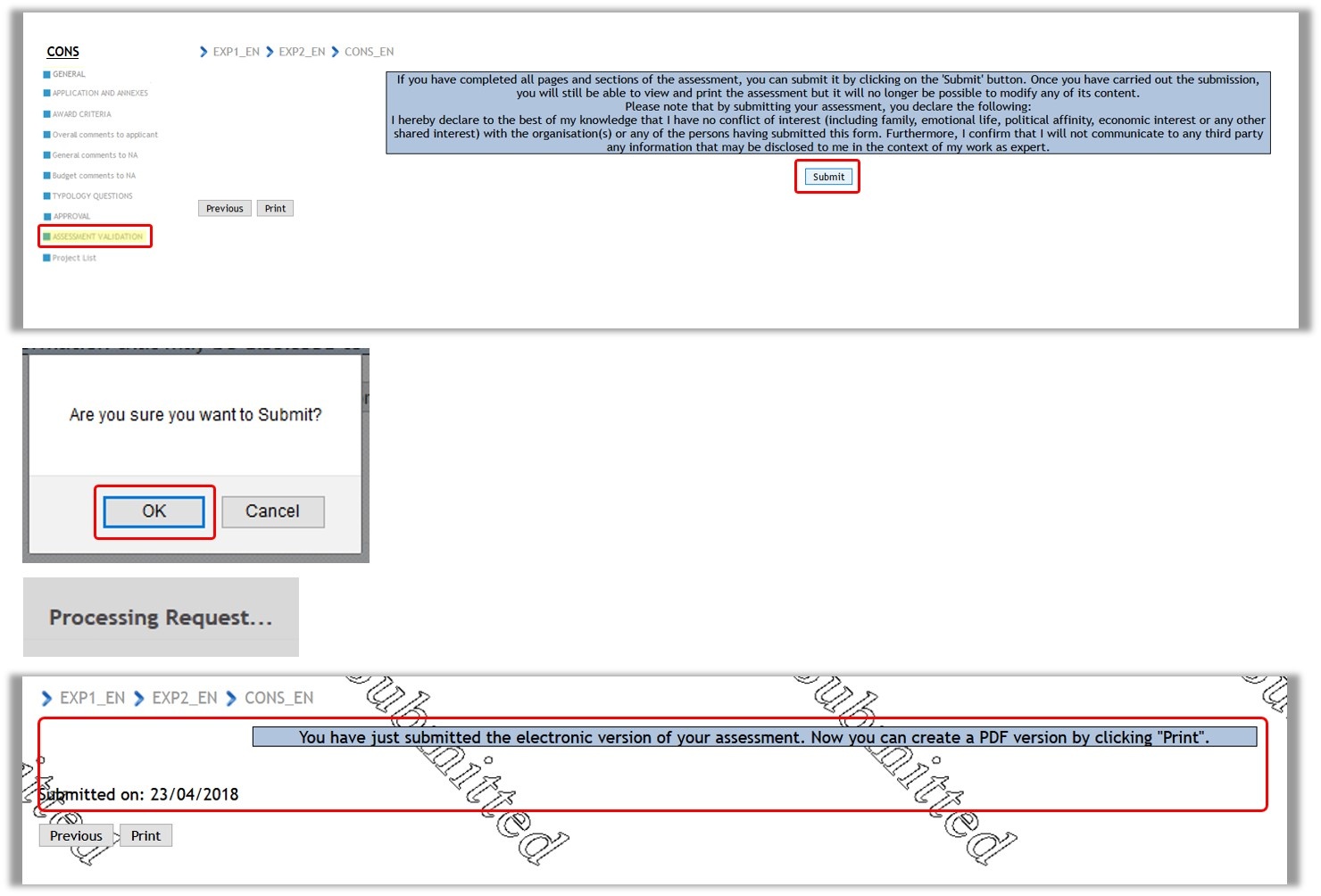 Click Assessment Validation and submit