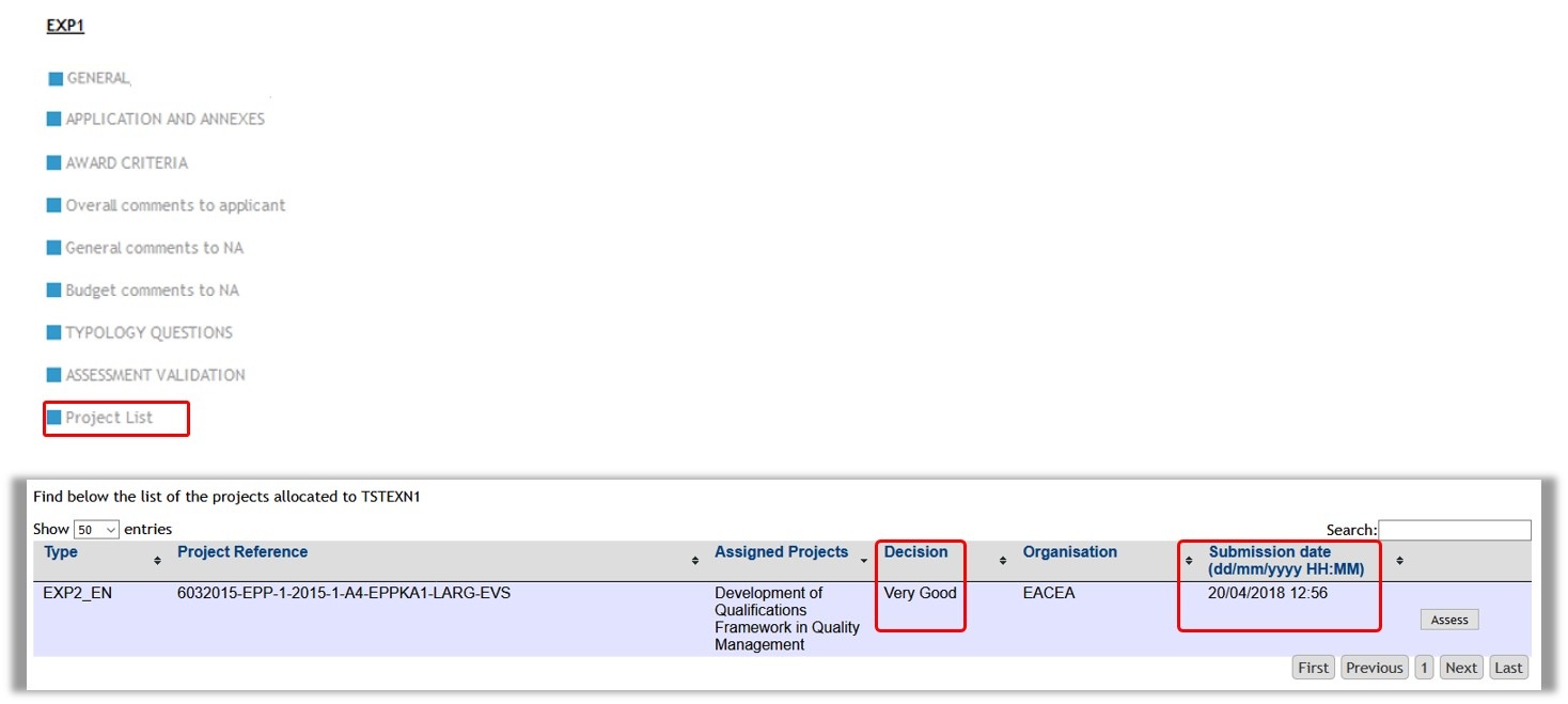 View decision and submission date in project list
