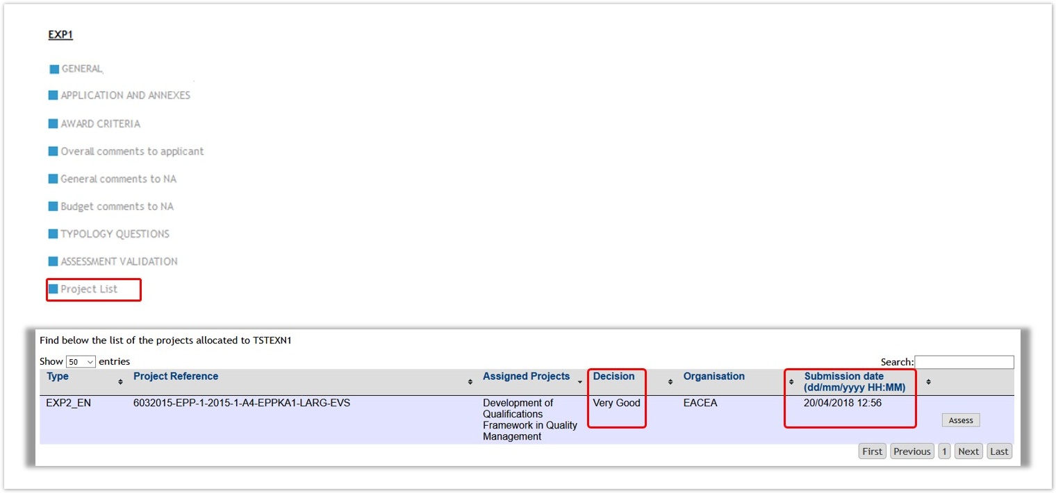 View decision and submission date in project list