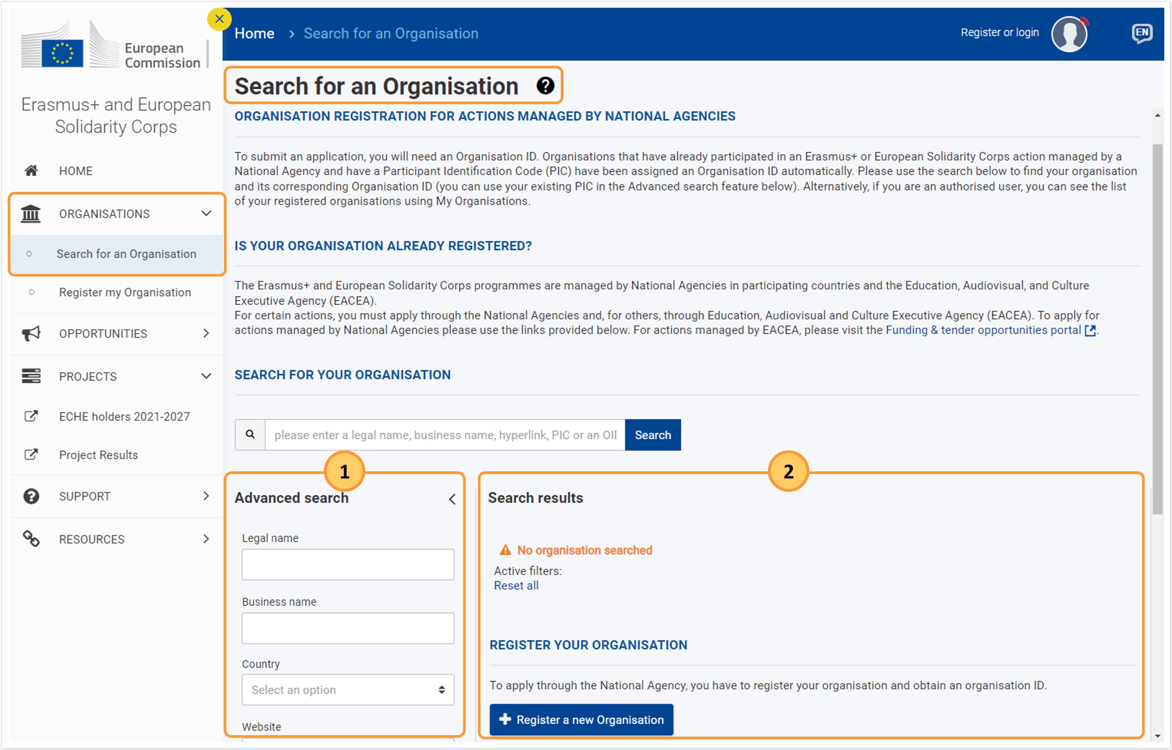Example of Work area after selecting Search for organisation from the main menu