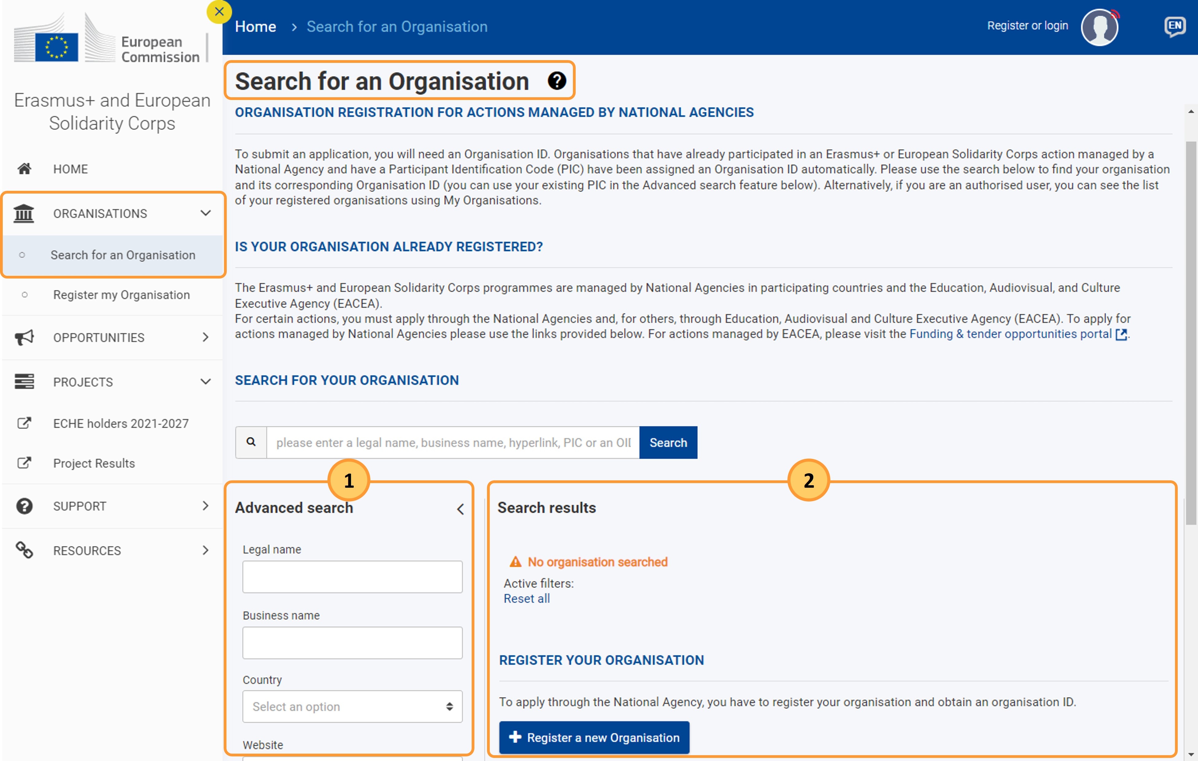 Work area after selecting Search for organisation from the main menu