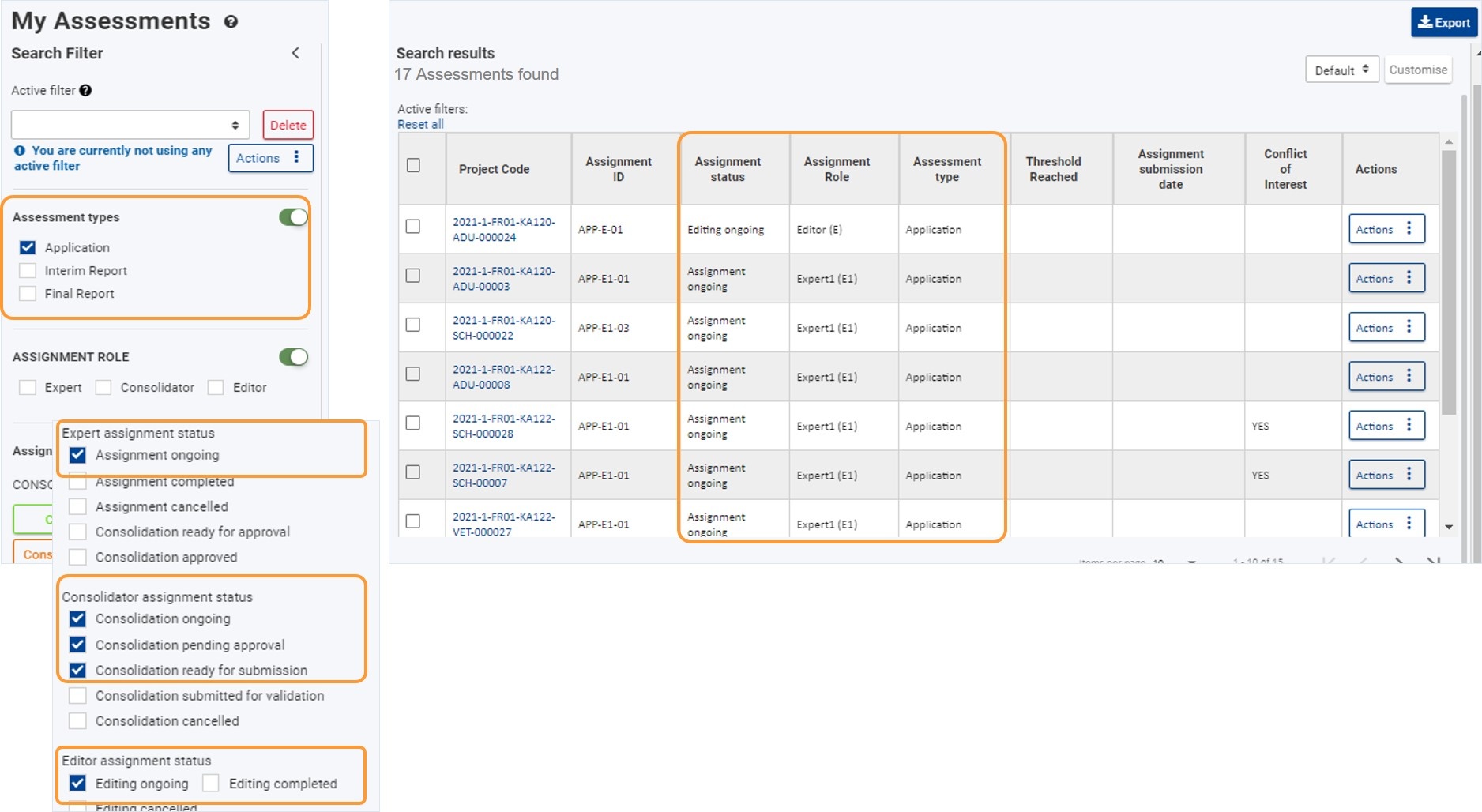 My Assessments with list of all ongoing assignments for Assessment type Applications