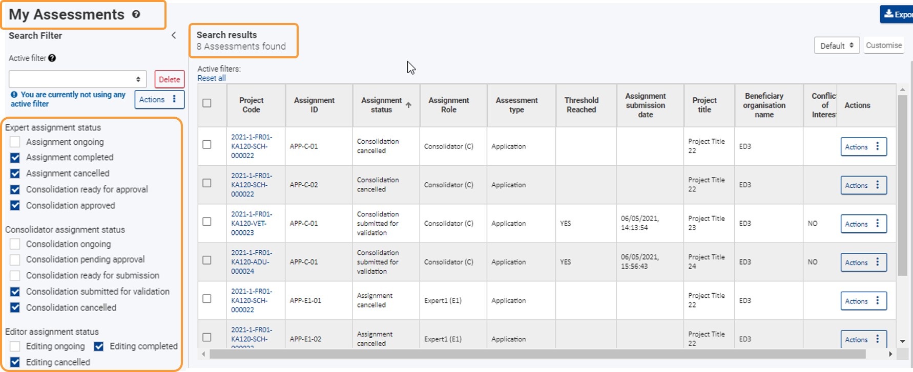 Display of past, completed assessments in My Assessments, ongoing assignments excluded from the Search filters