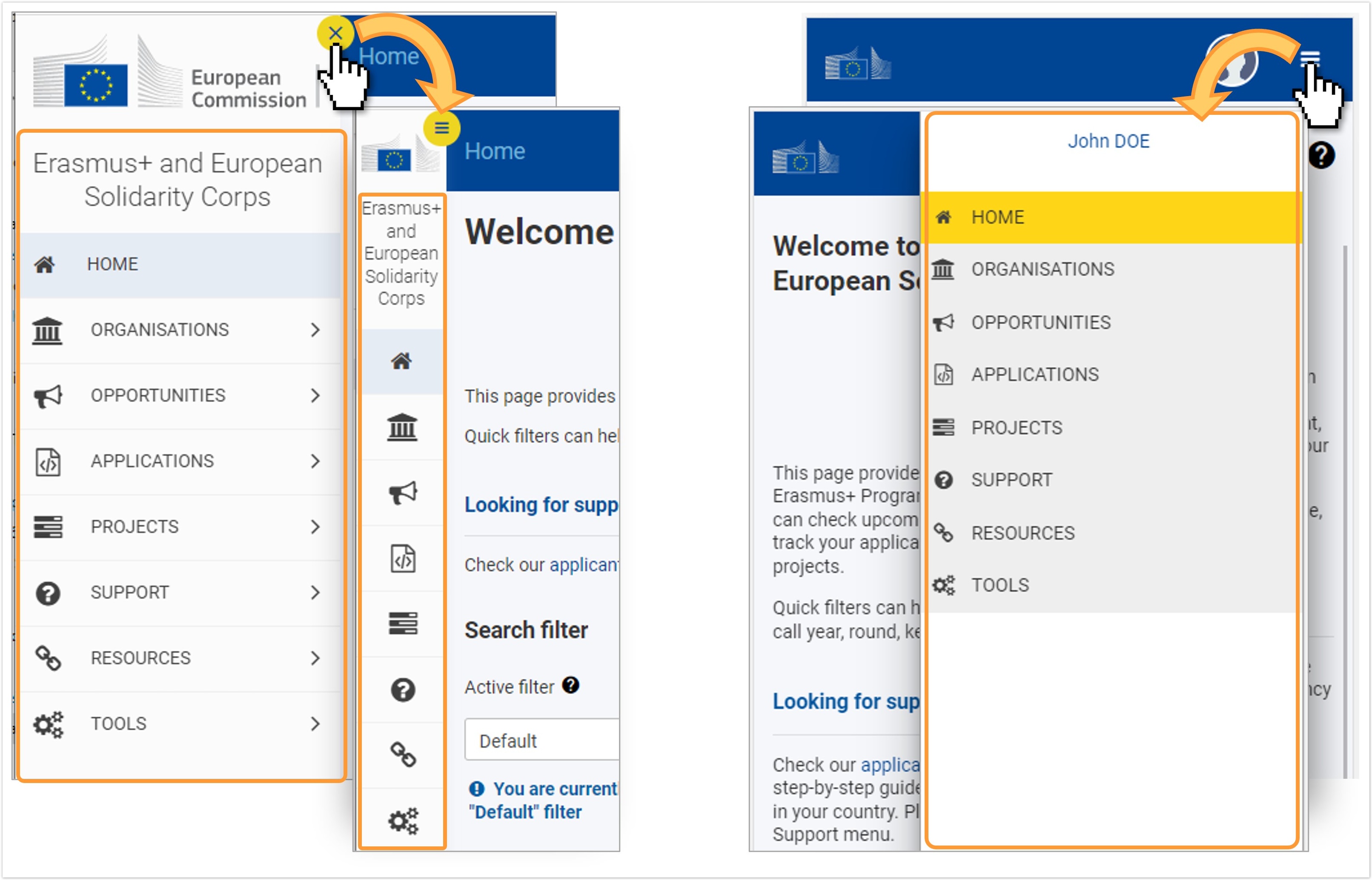 Menu display on desktop computer (left) and mobile device (right) for applicants and beneficiaries