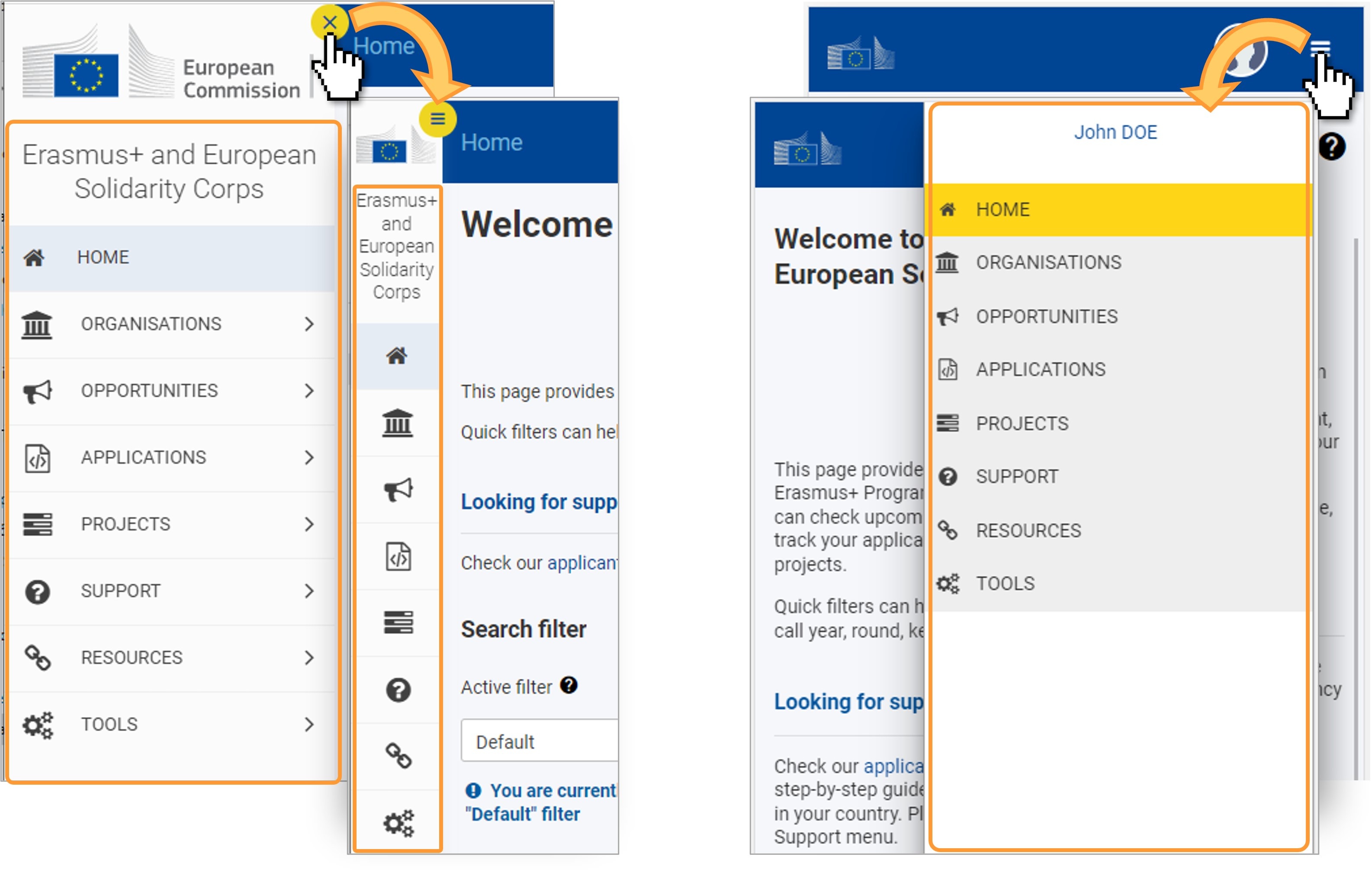 Menu display on desktop computer (left) and mobile device (right) for applicants and beneficiaries