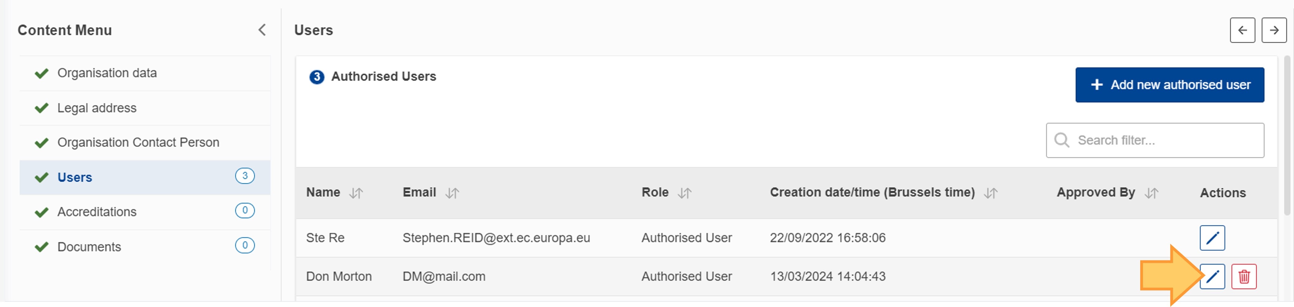 Select Authorised user to update