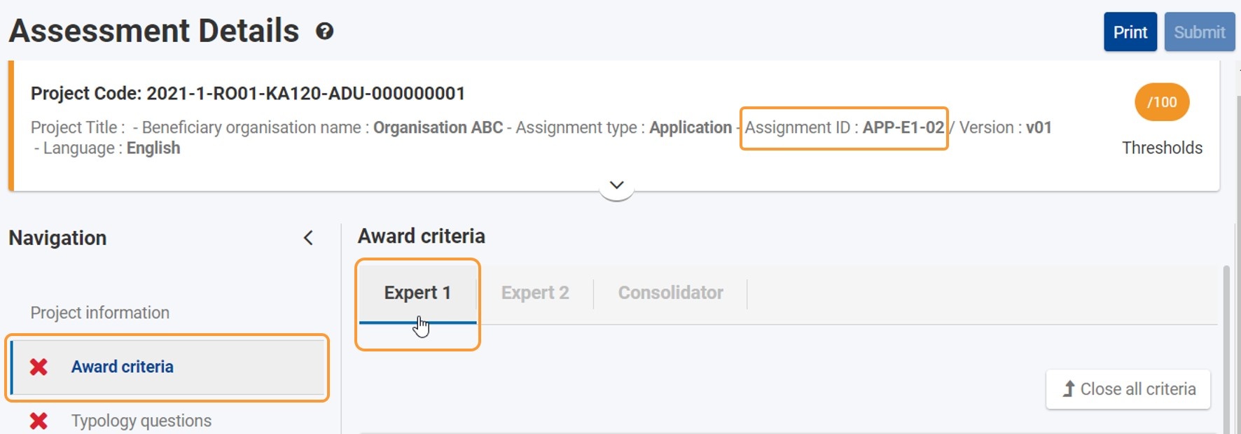 Example of the tabs displayed under Award Criteria for Expert1