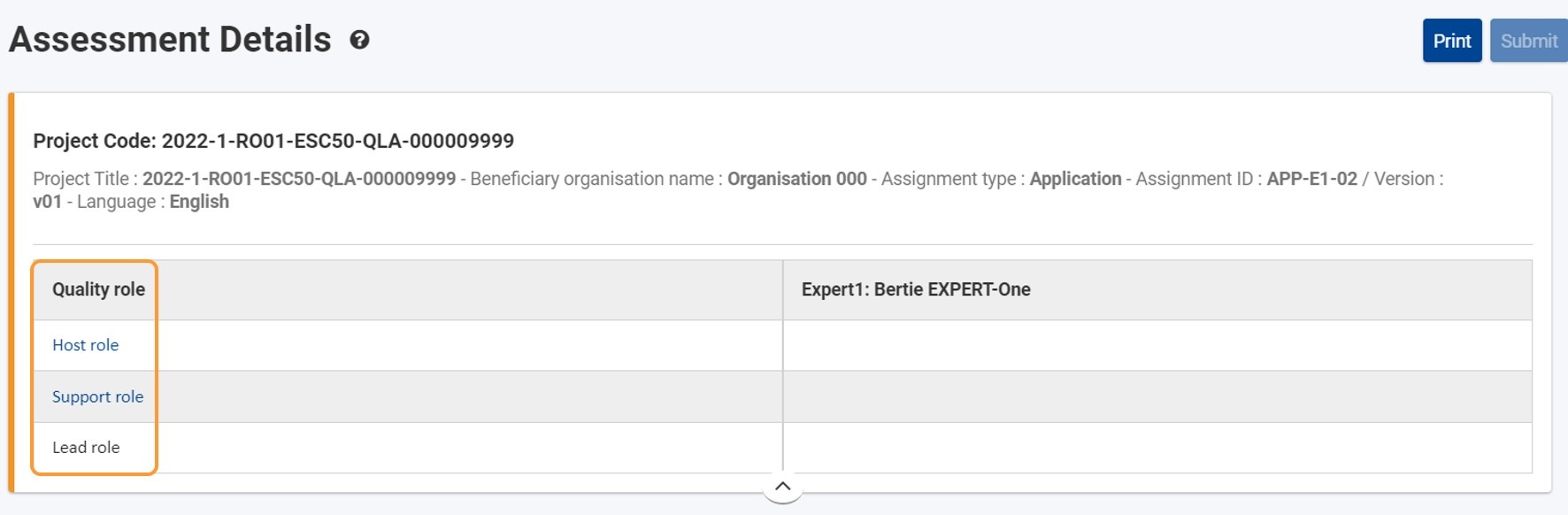 Example of the header for an ongoing ESC50 - Quality Label application assessment where the organisation applies for Host, Support and Lead role