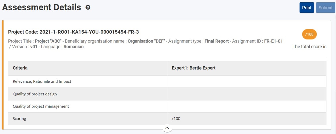 Expanded header in an non-started, ongoing expert assignment of a Final Report