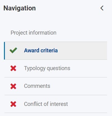 Award criteria section is marked complete