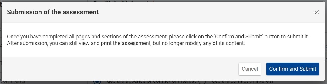 Example of confirmation message when submitting an assessment