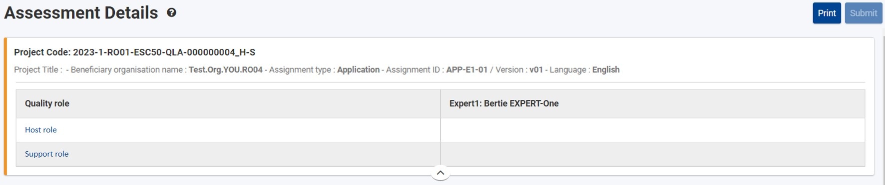 example of the header in the Assignment Details of an application for the Host and Support role