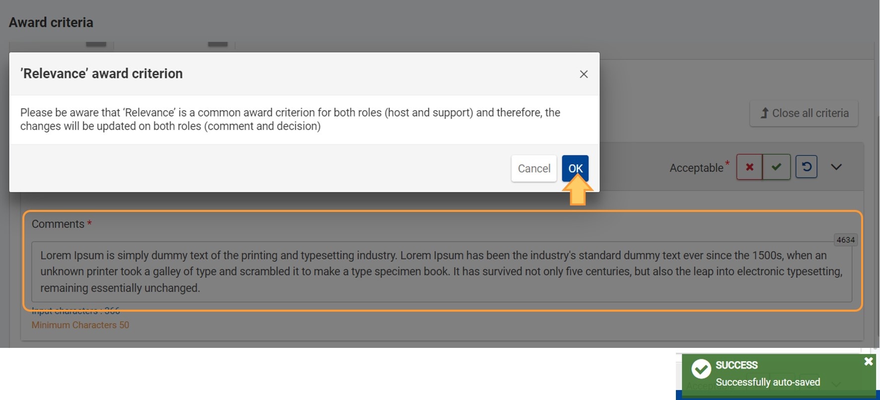 Pop up message regarding award criterion Relevance displayed when providing information 