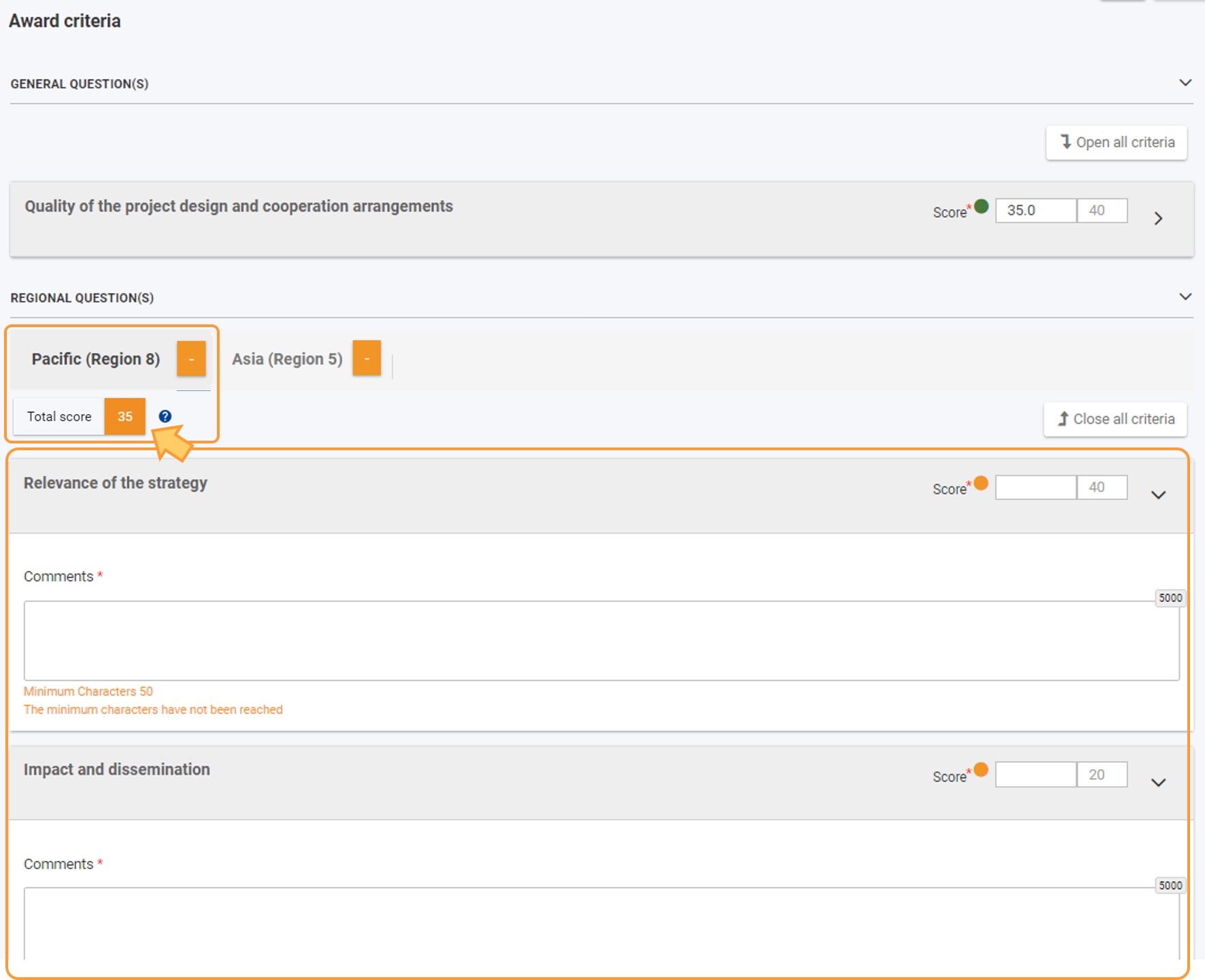 Example of Total score display if only General Question Award criteria completed
