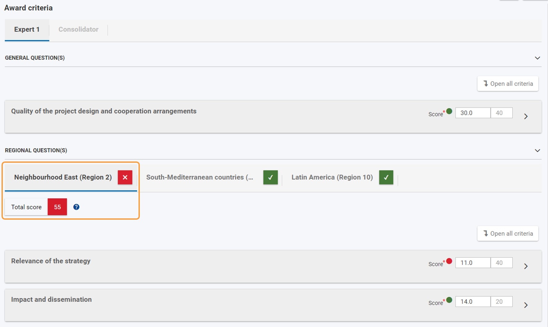 Example of Award criteria if threshold not reached for a region