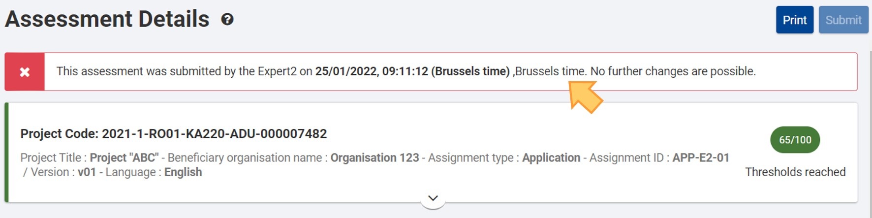 Notification message after successful submission of an assessment