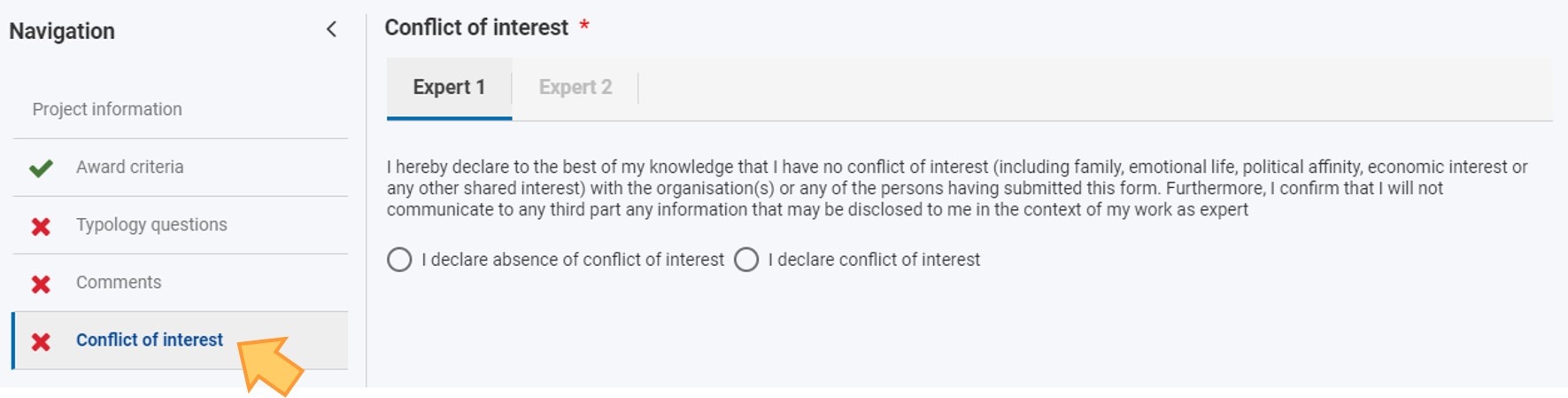 Conflict of interest section of an assessment
