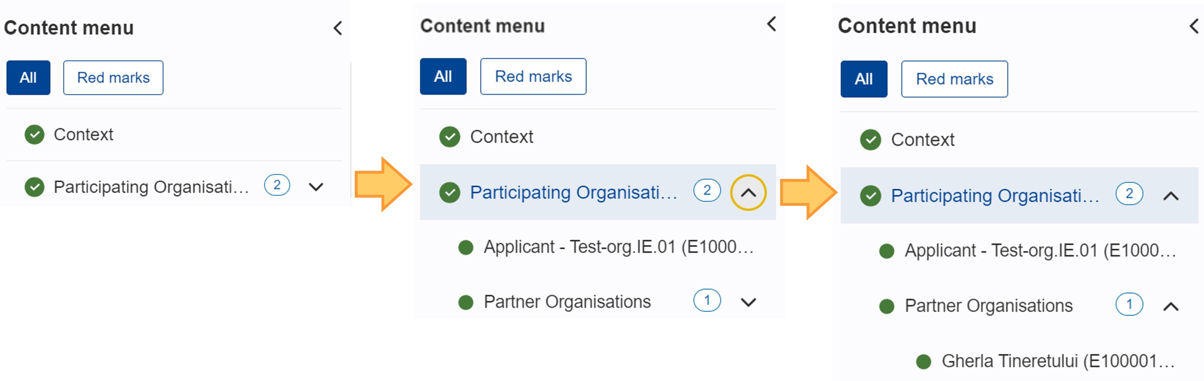 Subsections in the Content menu