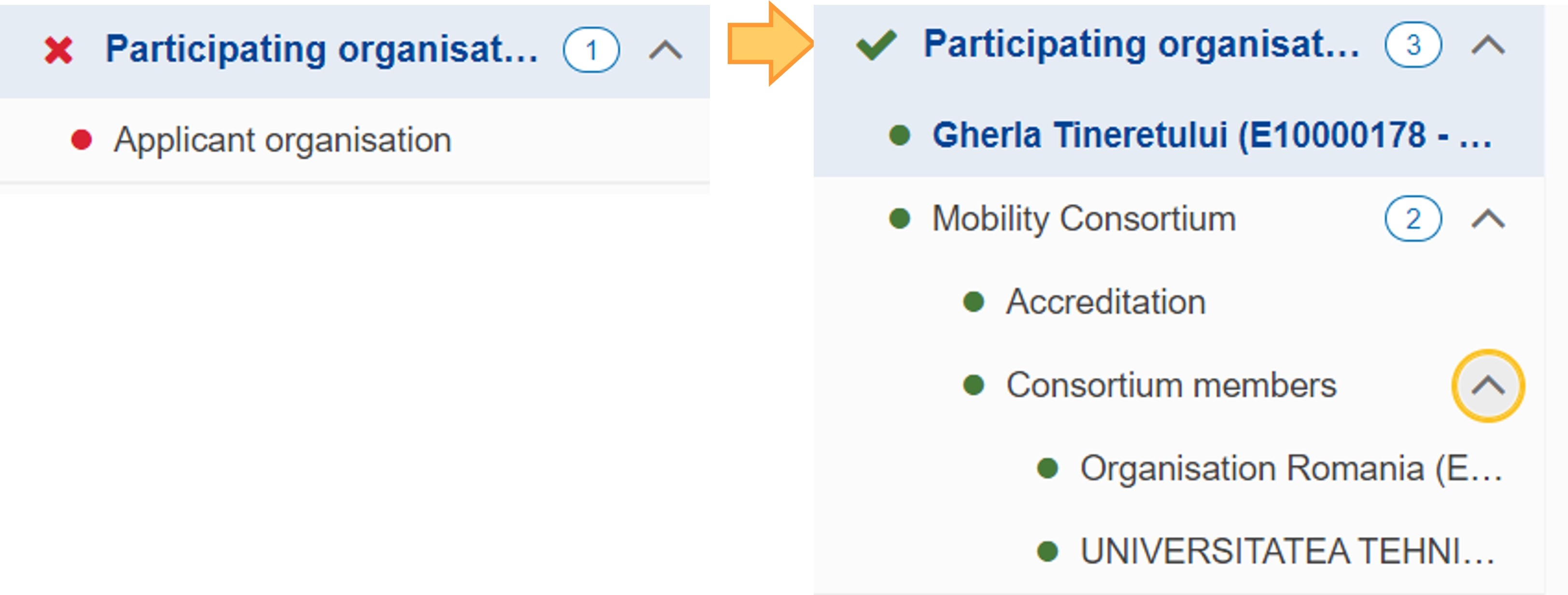 Erasmus+ & European Solidarity Corps guides > How to complete the application form > AF_CompleteForm_030a.jpg (Incomplete and complete sections) Incomplete and complete sections