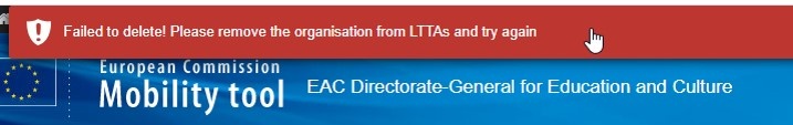 YOu cannot delete an organisation involved in LTT activities