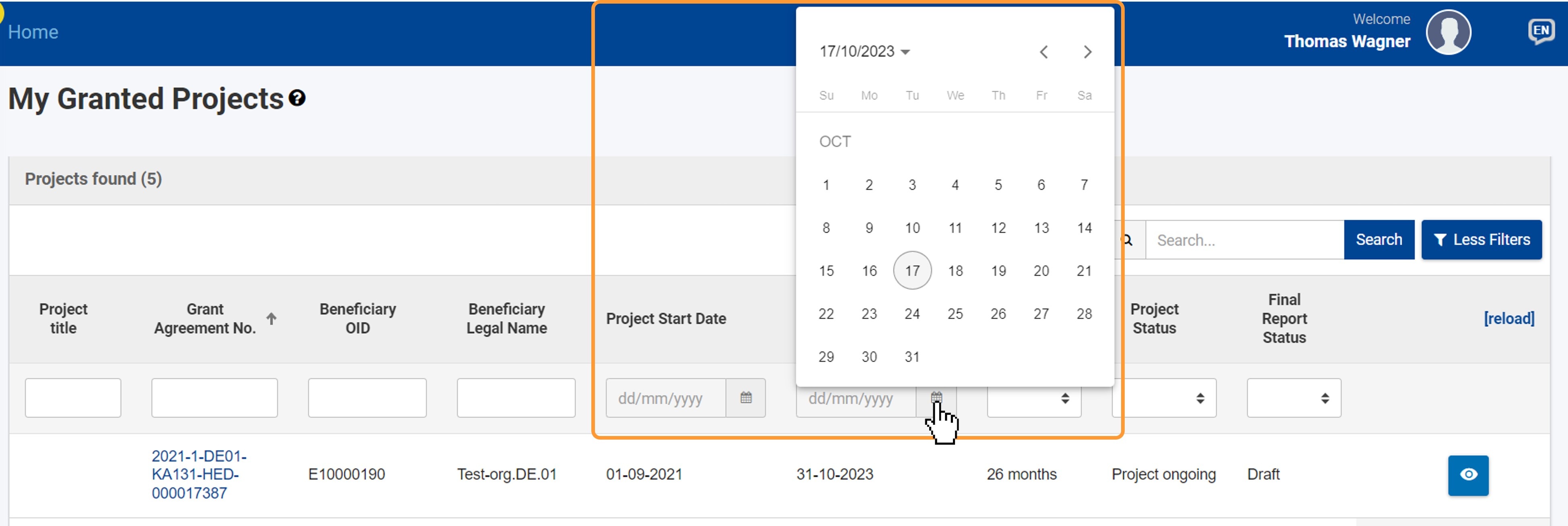 Project Start Date calendar