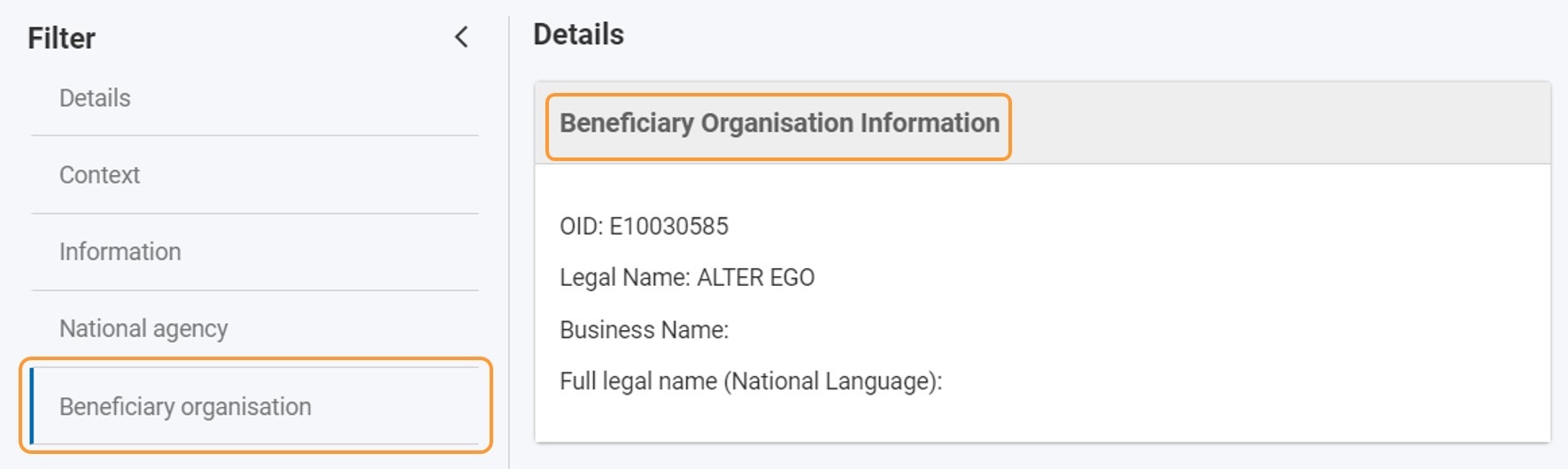 Beneficiary organisation section