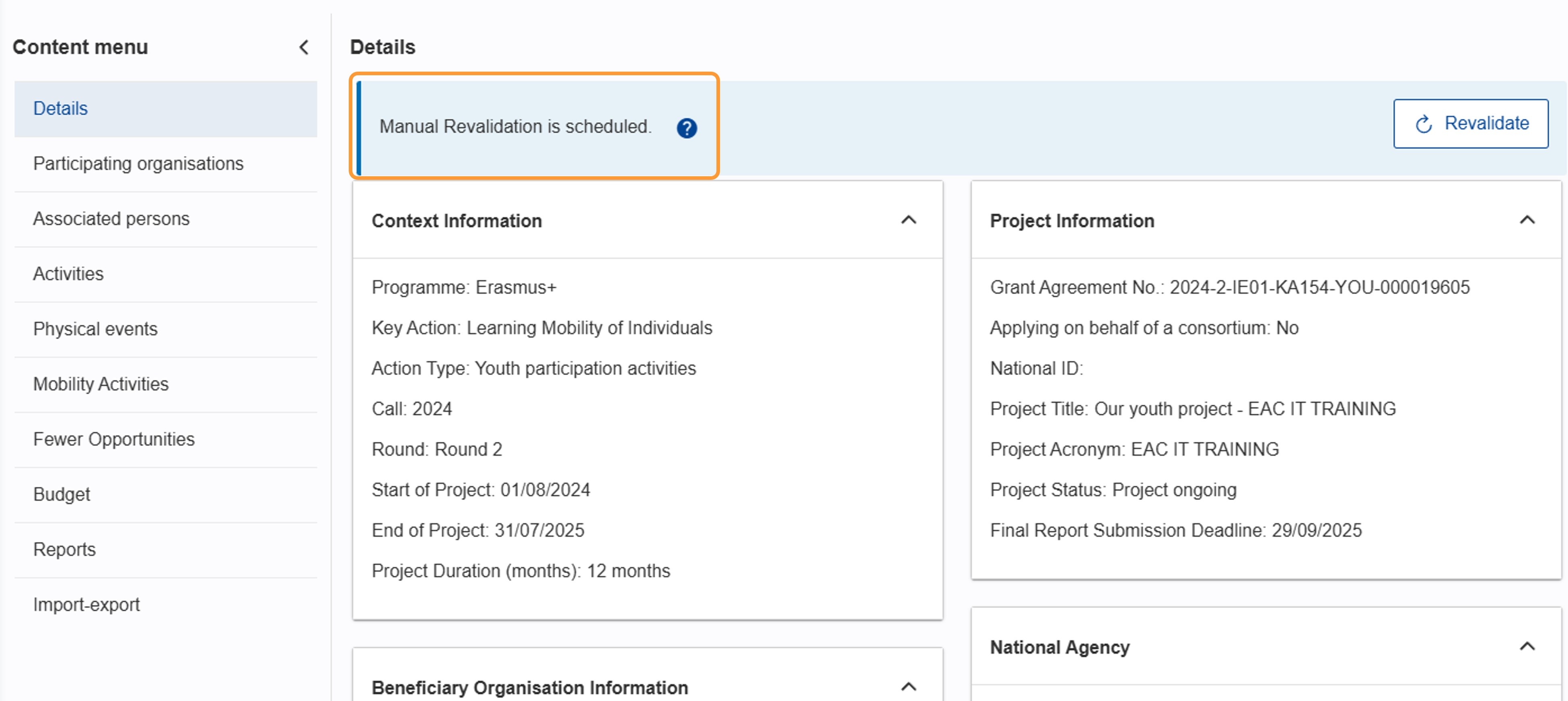 Message informing on the type and status of the revalidation