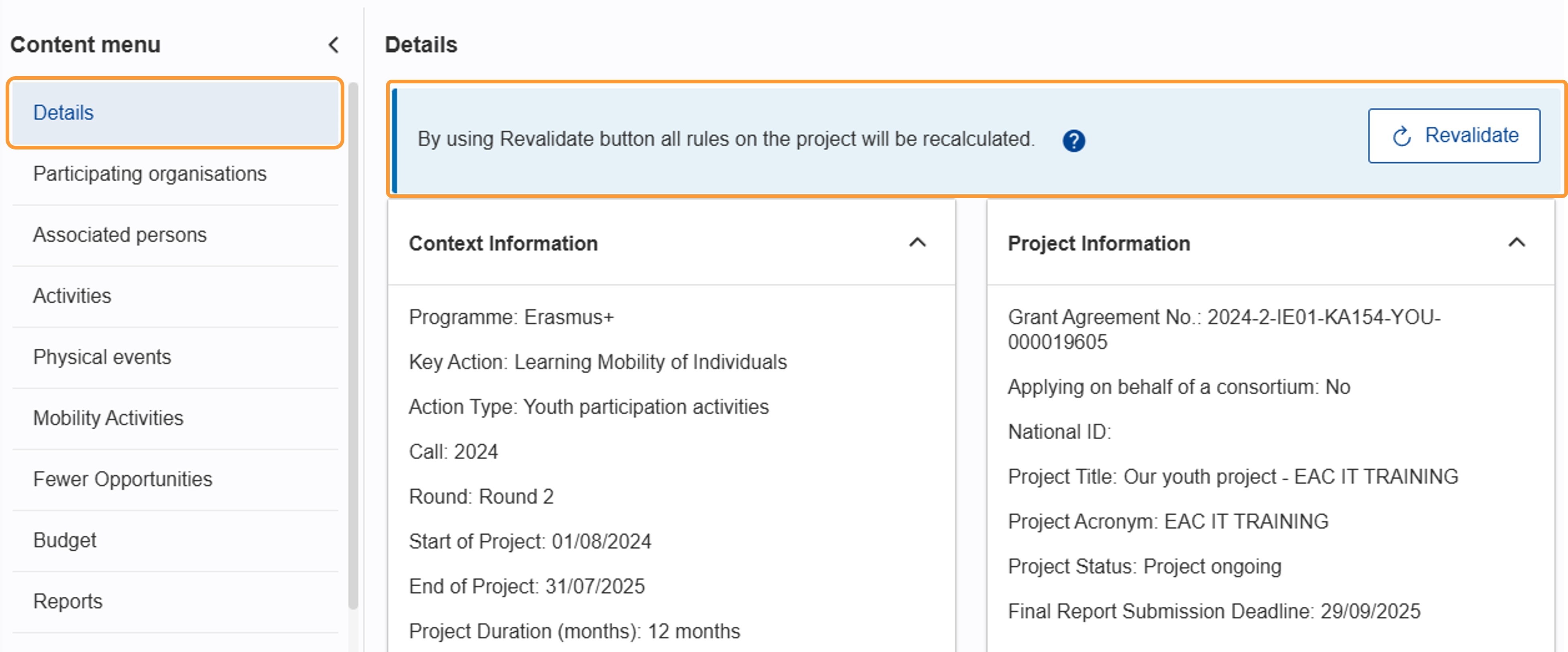 The Revalidate function for KA1 actions available in the Details screen