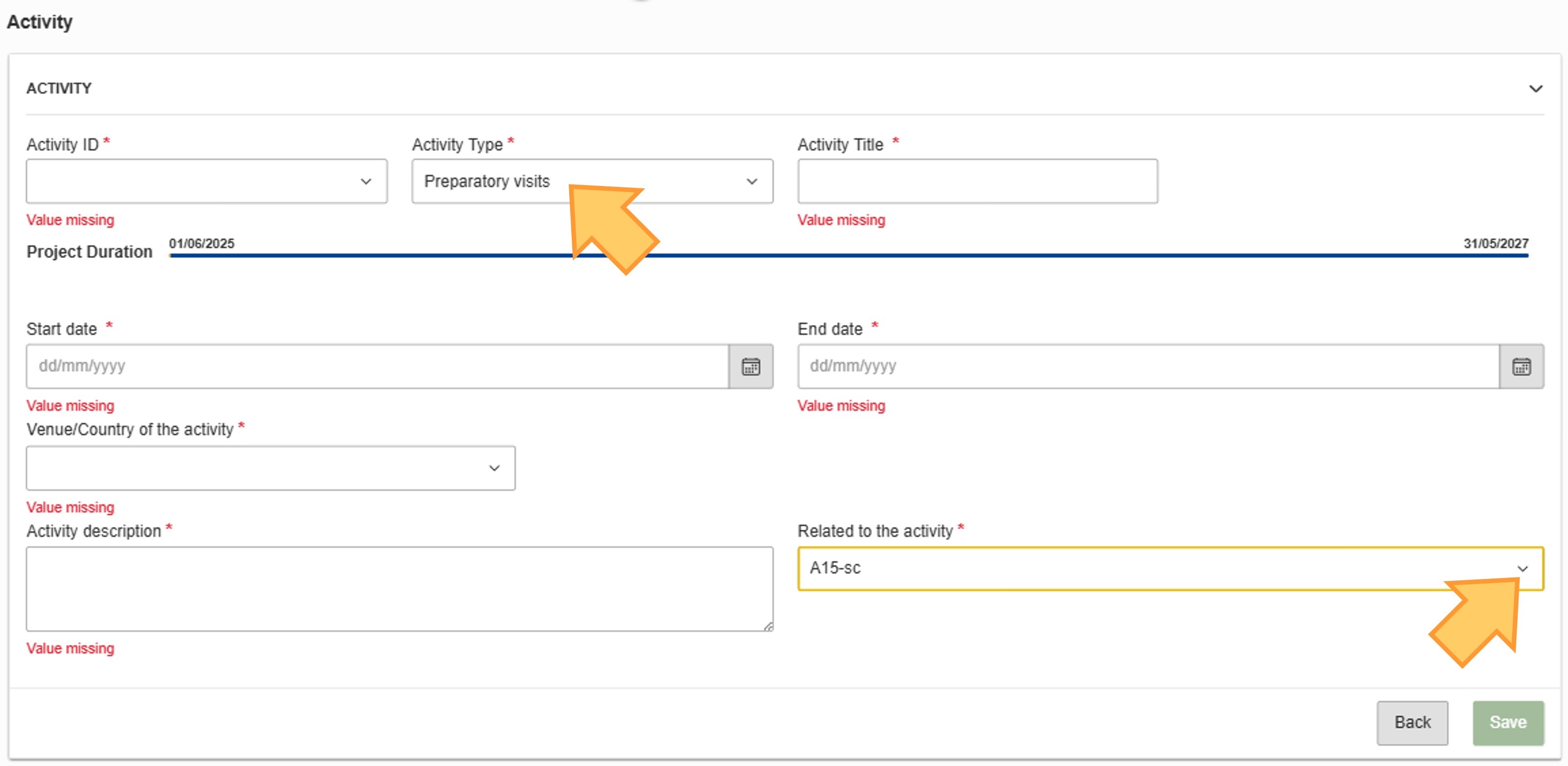 Example of adding an activity of type Preparatory visits