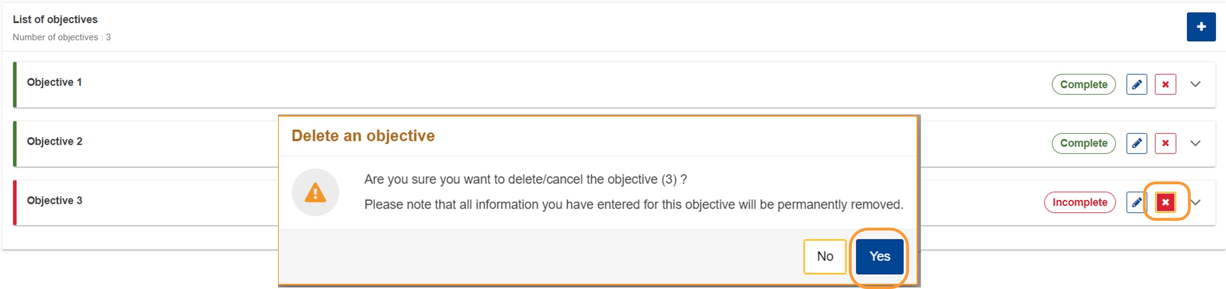 Deleting an objective