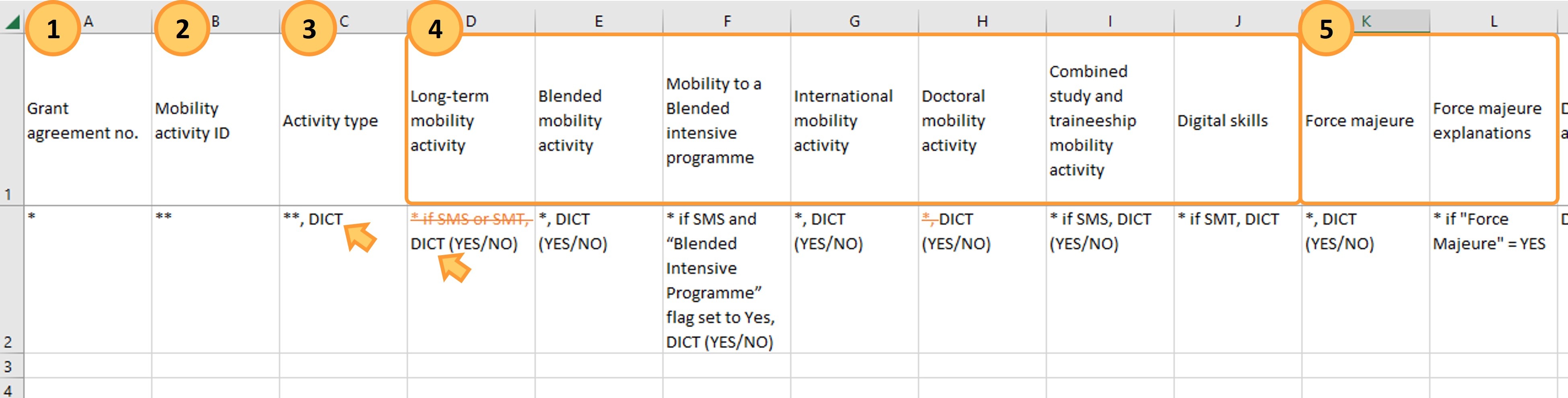 Grant Agreement No, Mobility Activity ID, Activity Type and other required fields