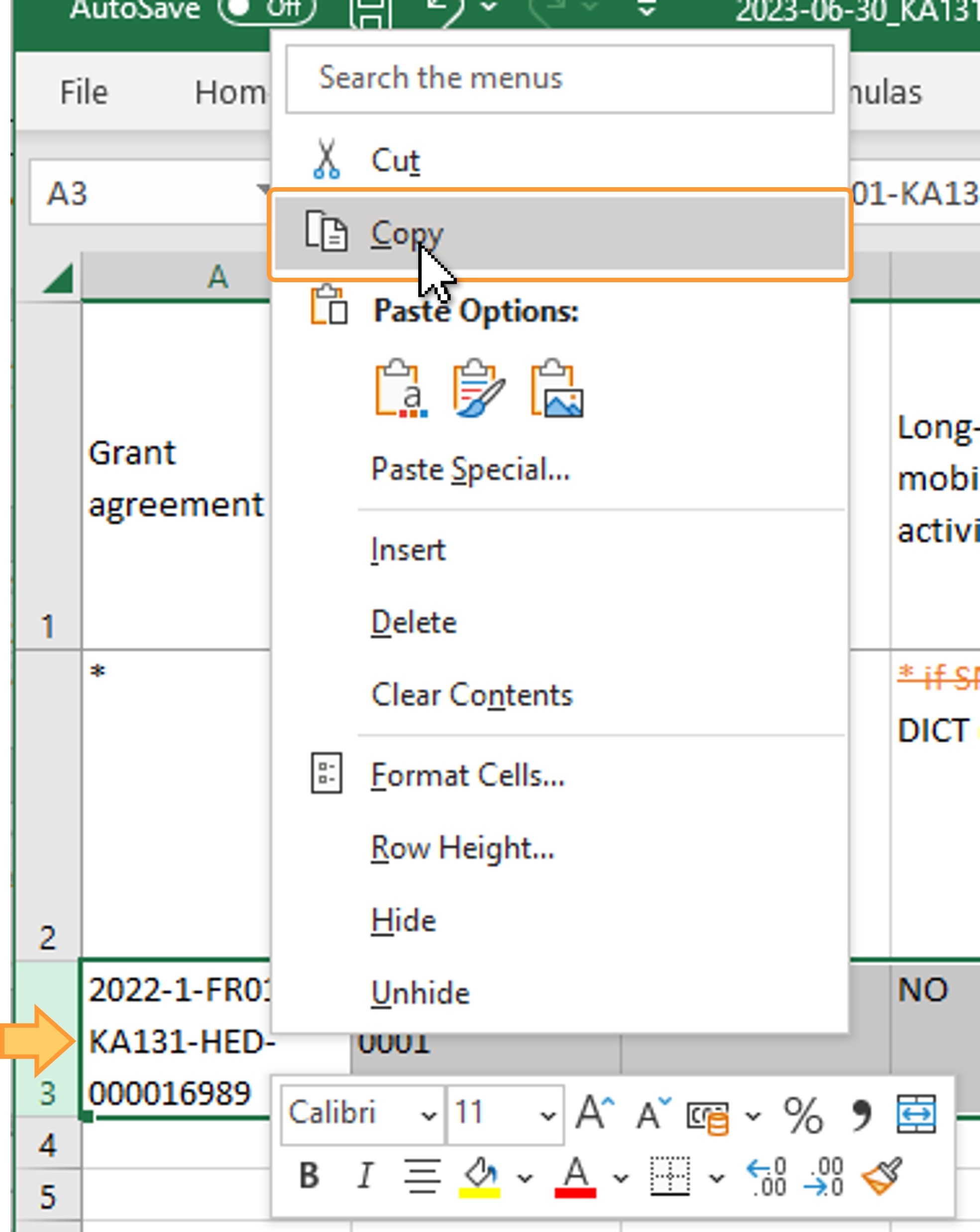 Select the entire mobility activity row and select Copy Select the entire mobility activity row and select Copy