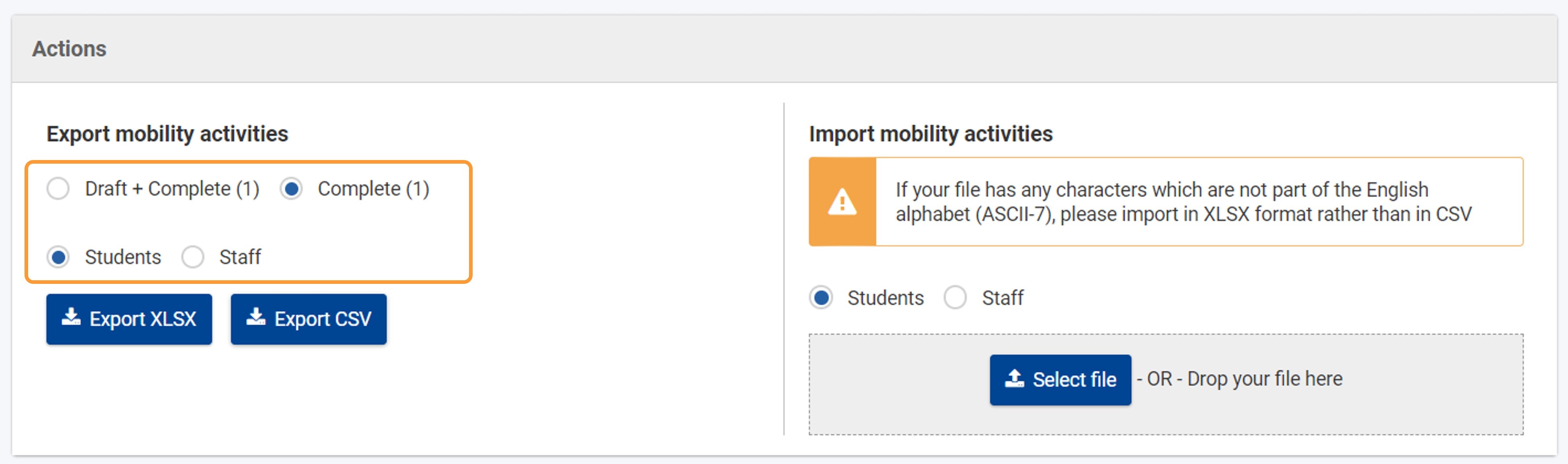 Import-export screen in a KA131 project