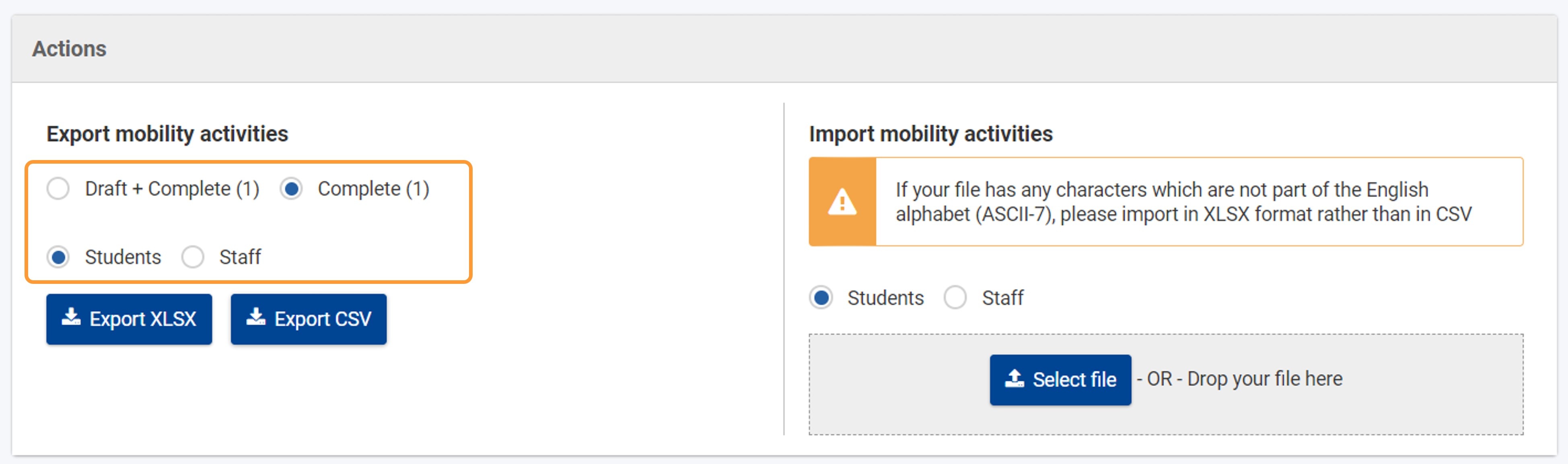 Select the type of mobility activities to export