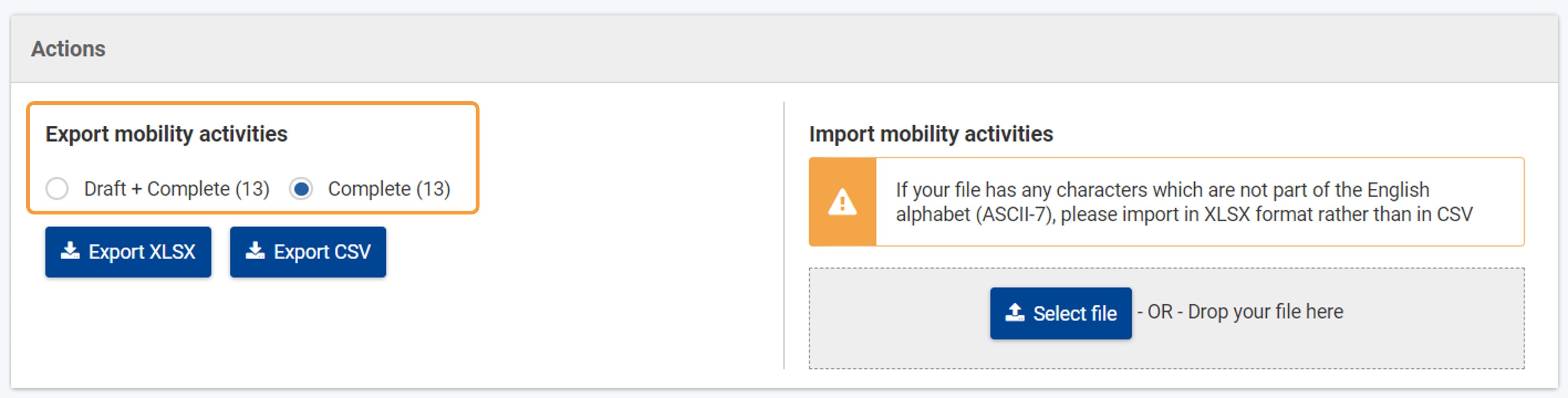 Import-export screen in a KA121 project