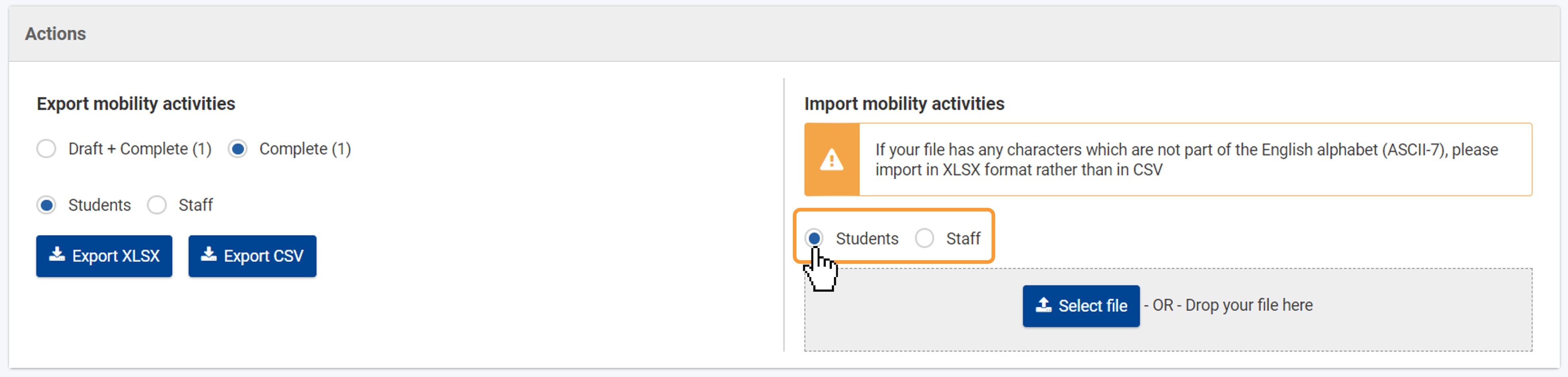 Select the type of mobility activities to import