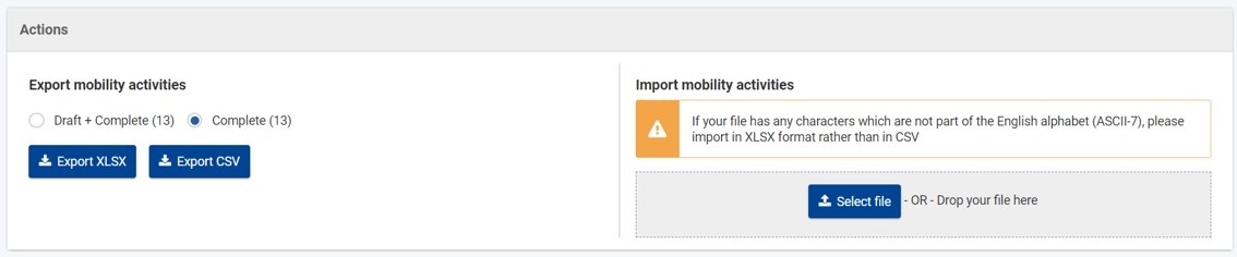Import mobility activities section in a KA121 project