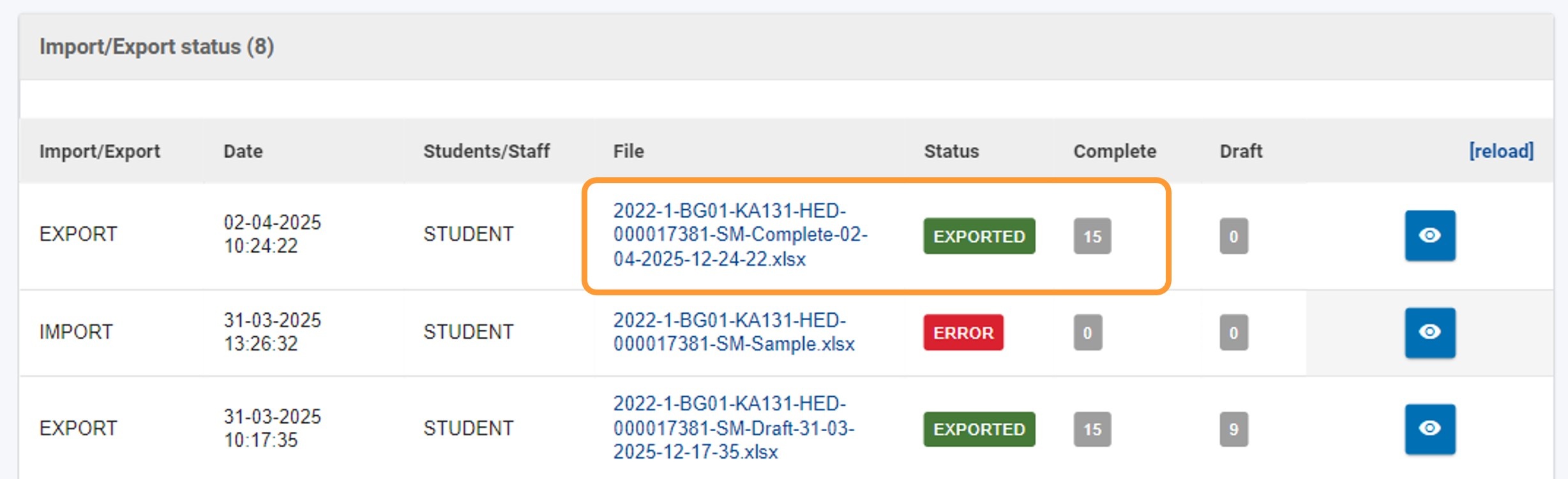 Example of an exported file in a KA131 project