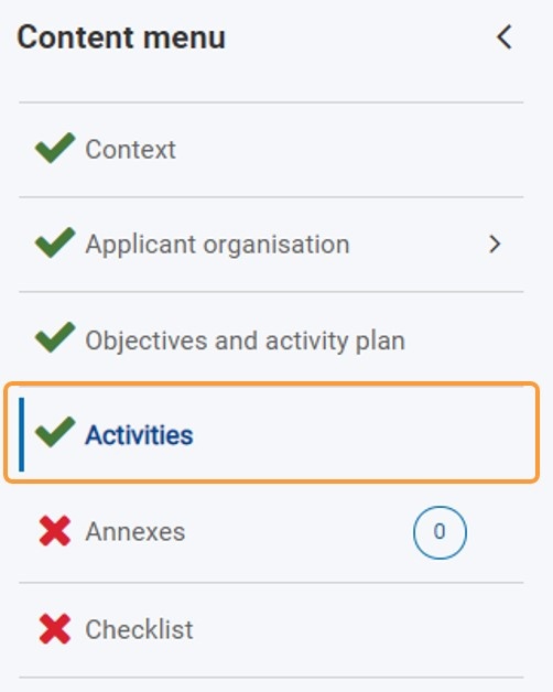 Activities section marked as complete in Content menu