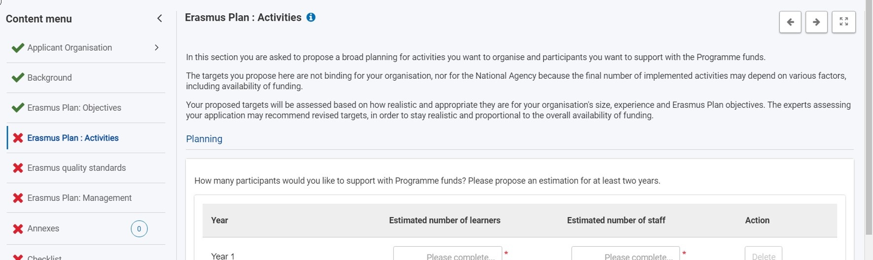 Open Erasmus Plan Activities section