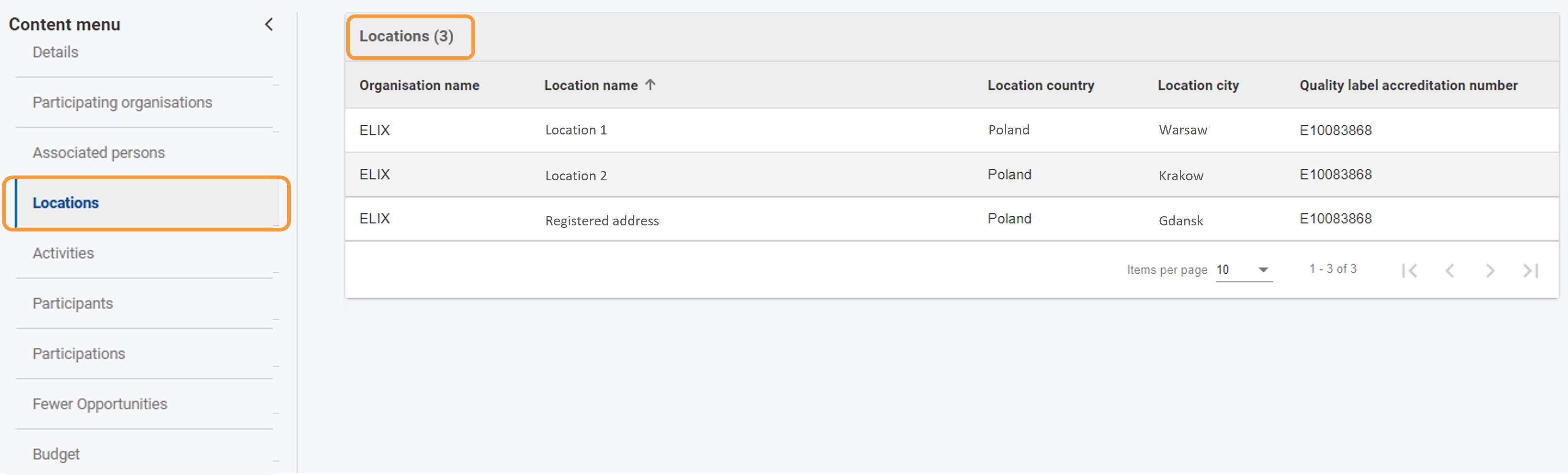 Click on Locations in the Content Menu