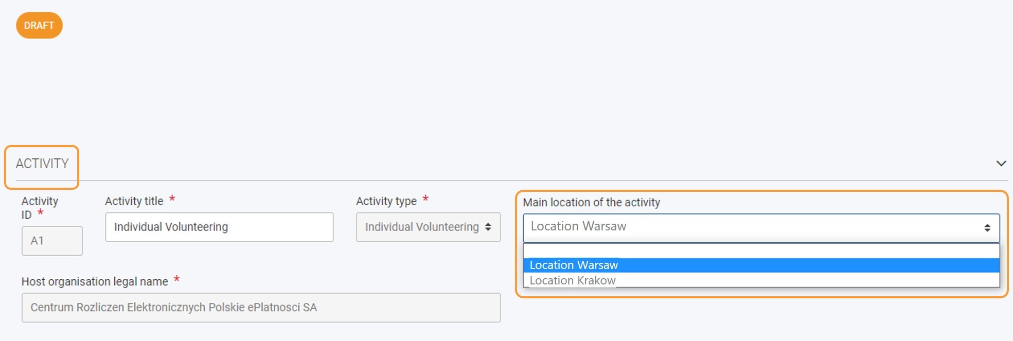 Example of Activity section