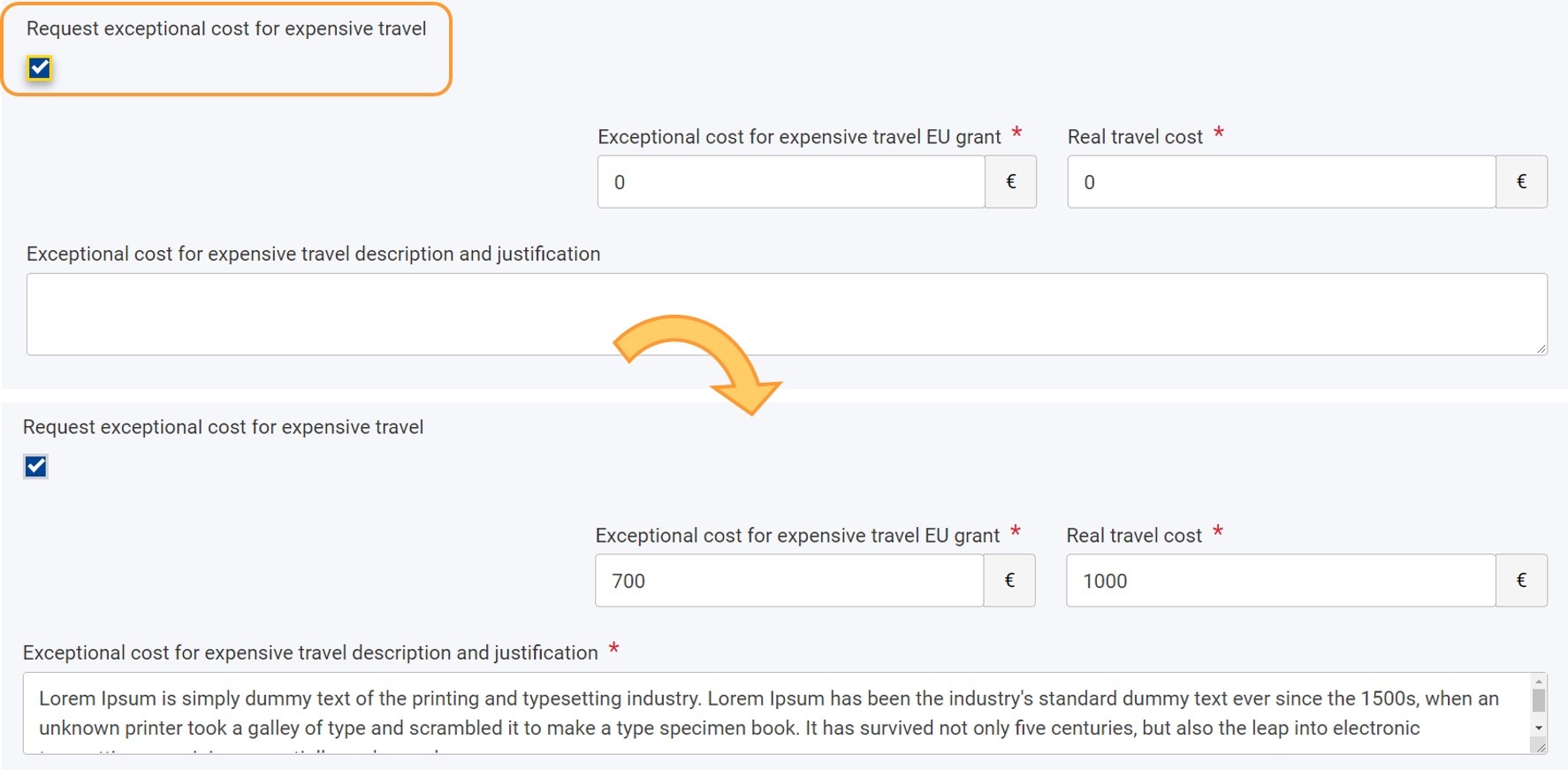 Example of available fields if Request exceptional cost for expensive travel
