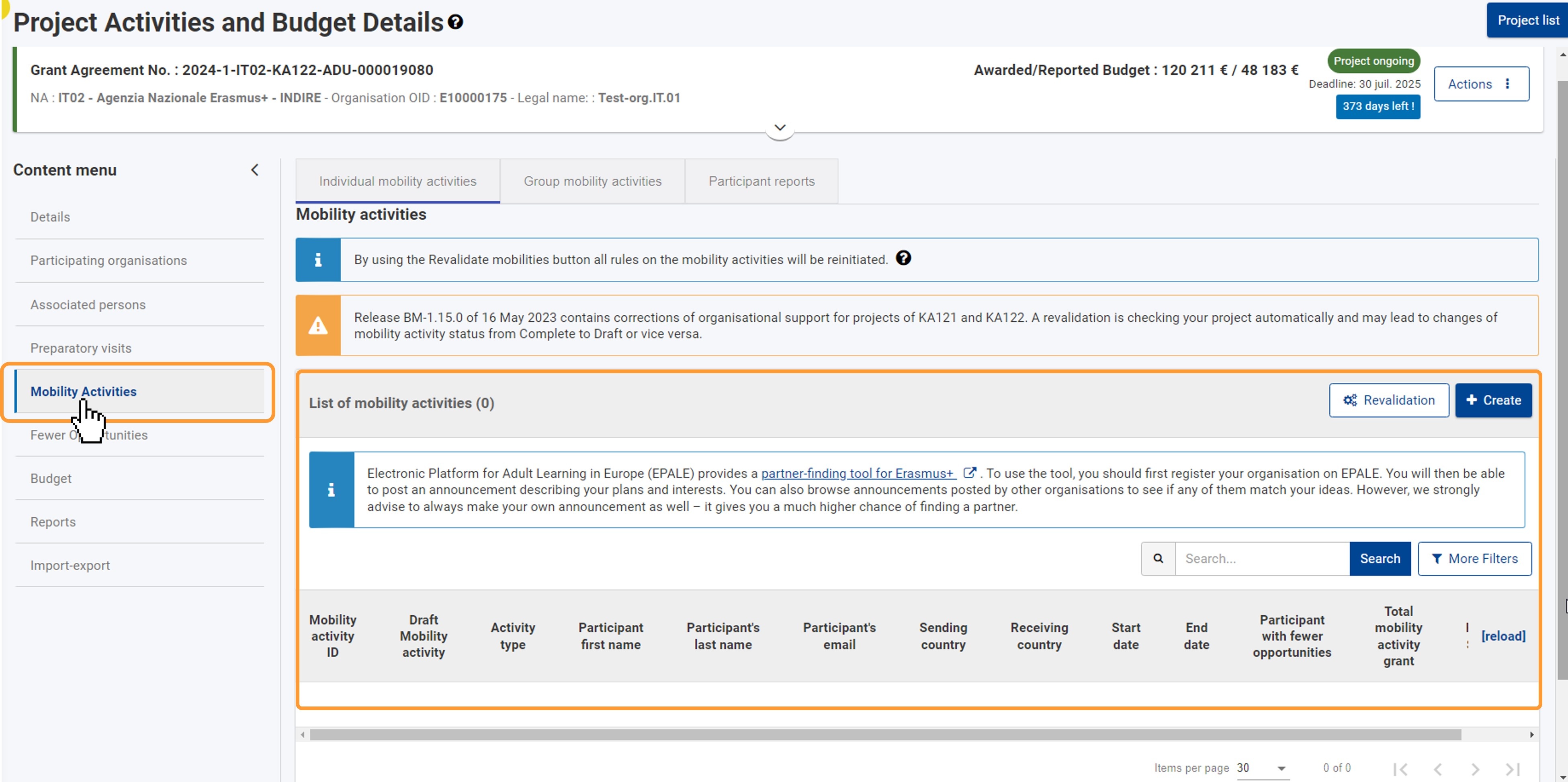 Access the Mobility Activities from the content menu