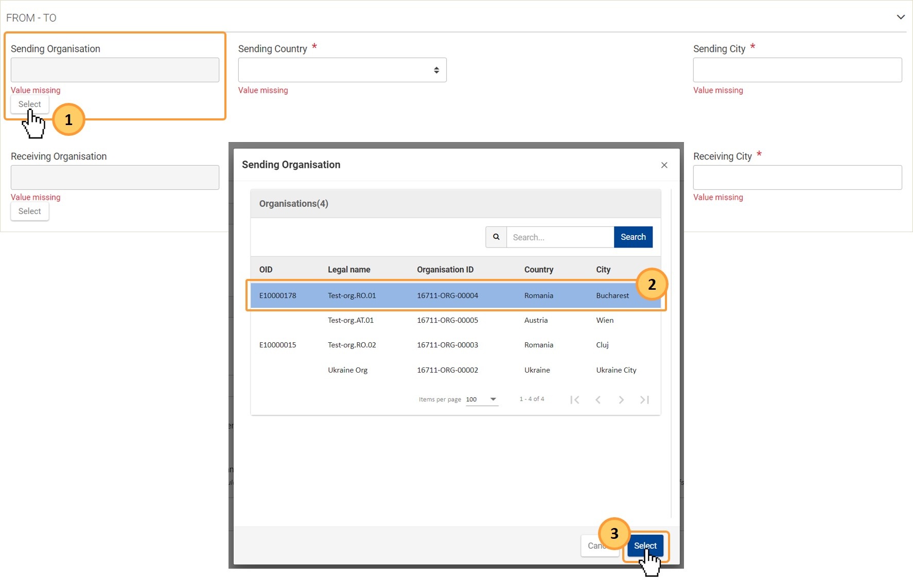 Example of selecting Sending organisation in KA121