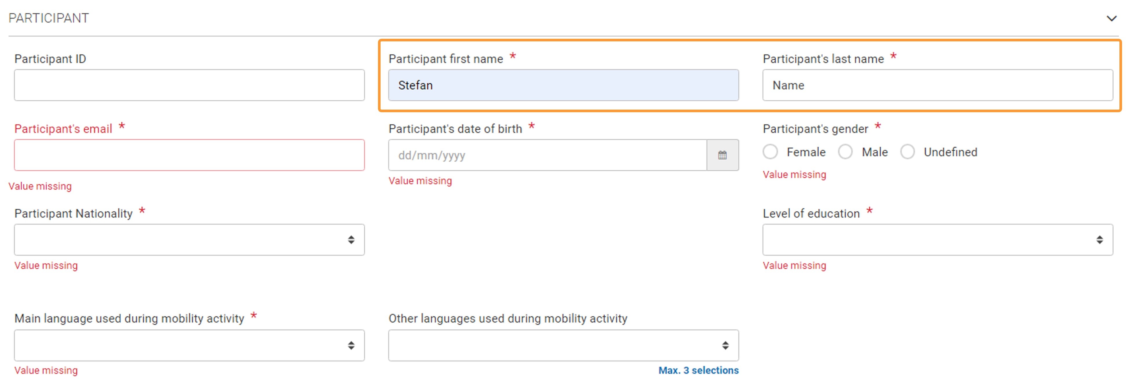 Fill in the Participant's first and last name